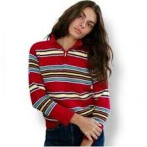 Lauren Ralph Lauren Red Stripe Half-Zip Cotton Pullover Sweater Women's Size M-L